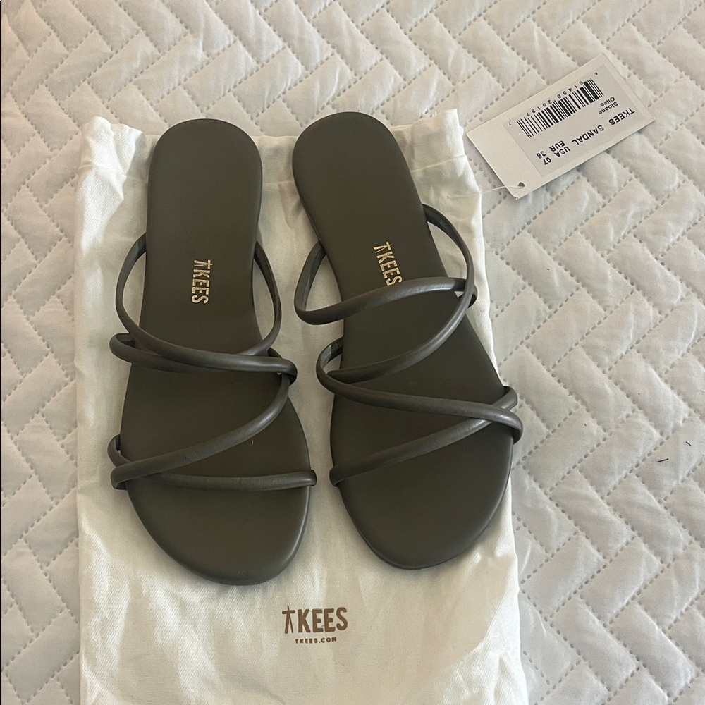TKEES Olive Multi-Strap Slide Sandals Sz 7